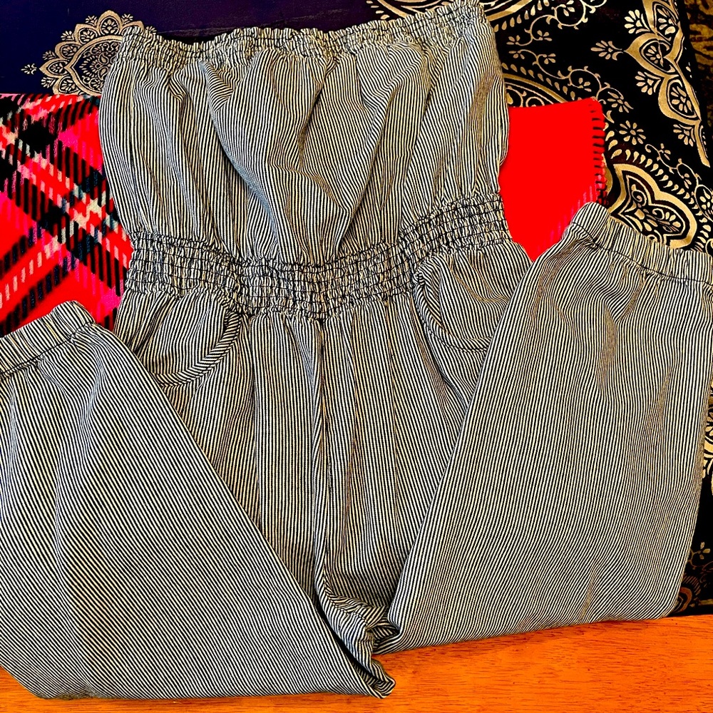 Ladies large tube top jumpsuit. Denim blue and white.